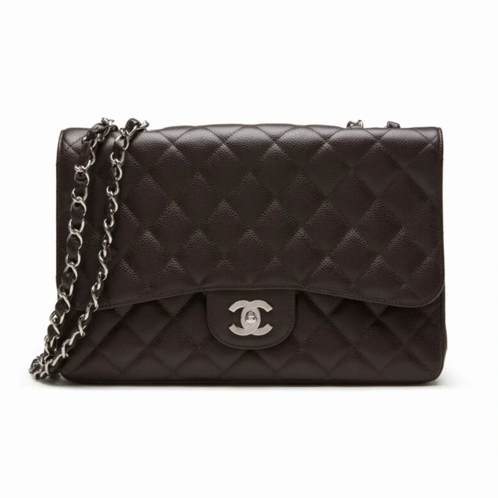 CHANEL Black Jumbo Quilted Lambskin Shoulder Bag with Silver Chain